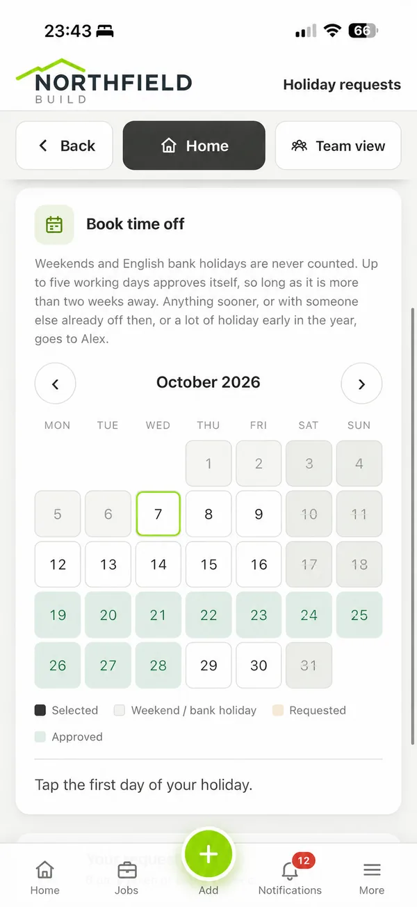 Book time off calendar for October 2026 with approved days shaded and weekends greyed out