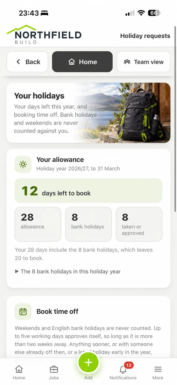 Holiday screen showing 12 days left to book from a 28 day allowance, with bank holidays counted