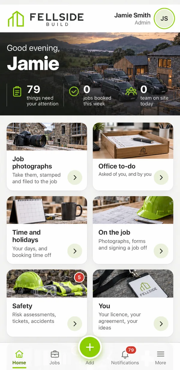 SiteCabin home screen for a demo firm, Fellside Build, showing tiles for job photographs, office to-do, time and holidays, on the job, safety and your own records