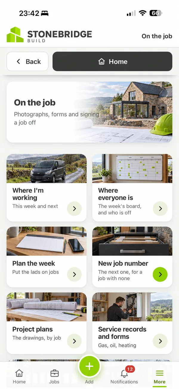 On the job screen with tiles for where I'm working, where everyone is, plan the week, new job number, project plans and service records