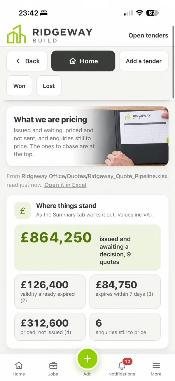 Open tenders screen showing quotes issued and awaiting a decision, quotes about to expire and enquiries still to price